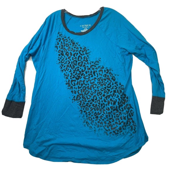 Cacique Sleepwear Pajama Top 1X Women's Plus Size 18/20‎ Blue Animal Print PJ - Picture 1 of 11